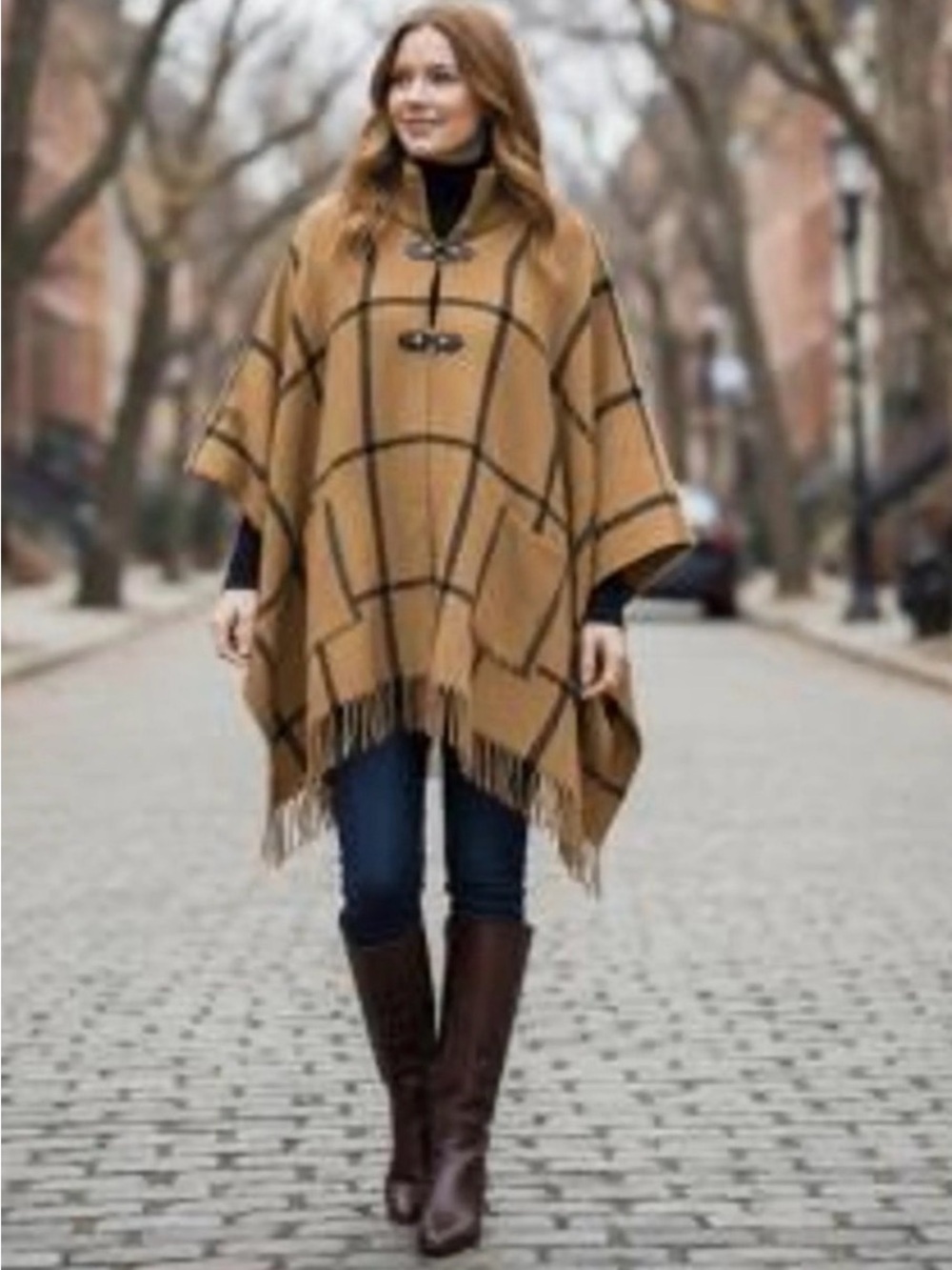 Marc New York Plaid Sweater Poncho toggle buttons - Camel Brown Black - one size